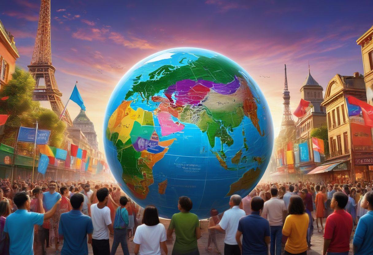 A captivating globe surrounded by diverse community members engaging in discussions, holding signs promoting awareness, and sharing information about global initiatives. The background features iconic landmarks from different countries, symbolizing worldwide cooperation. In vibrant colors to convey a sense of urgency and hope for change. super-realistic. energetic atmosphere. dynamic composition.