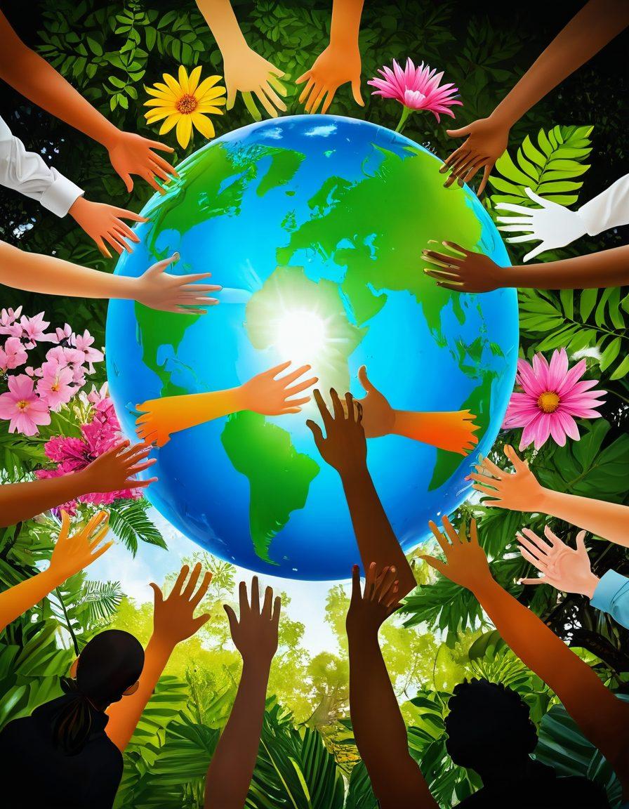 A powerful montage showcasing diverse individuals engaged in various global awareness initiatives, including environmental activism, education, and social justice, set against a backdrop of a glowing globe. Symbolic elements like hands reaching out, vibrant nature, and impactful quotes should emerge throughout the scene. The composition should reflect unity and a hopeful future. super-realistic. vibrant colors. inspirational atmosphere.